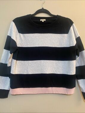 Bellerose Striped Crewneck Sweater in Black, Light Gray & Pink Hem